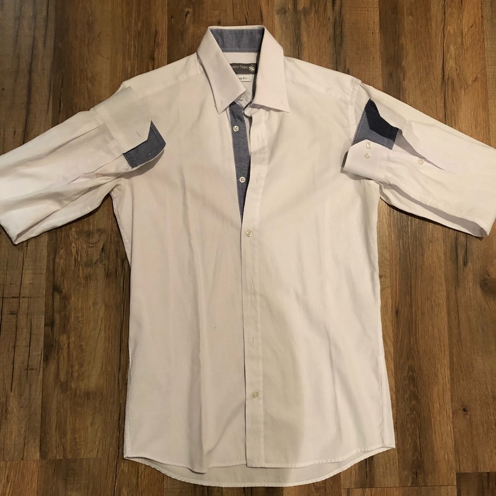 Men’s white collared button down shirt.
